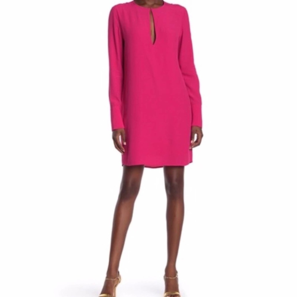 Equipment Femme Bonnie Dress Small Pink Carmine Crepe Keyhole Shift Long Sleeve.